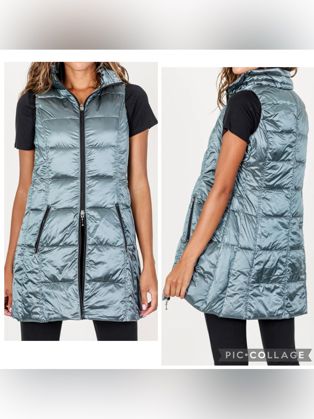 MY ANORAK Women’s Green LONG METALLIC NYLON GOOSE DOWN VEST Puffer Pockets Sz XL